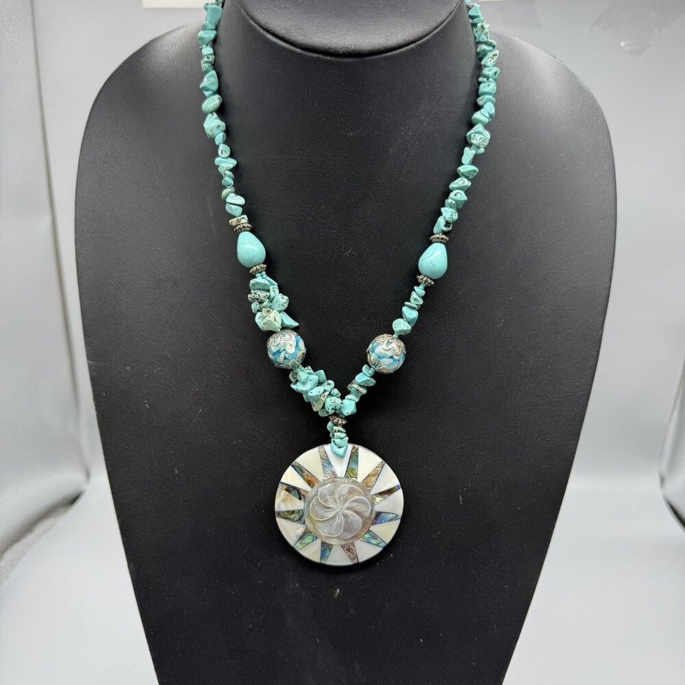 Vintage Necklace Lampwork Glass Turquoise? Nugget Statement 19.5 inches READ